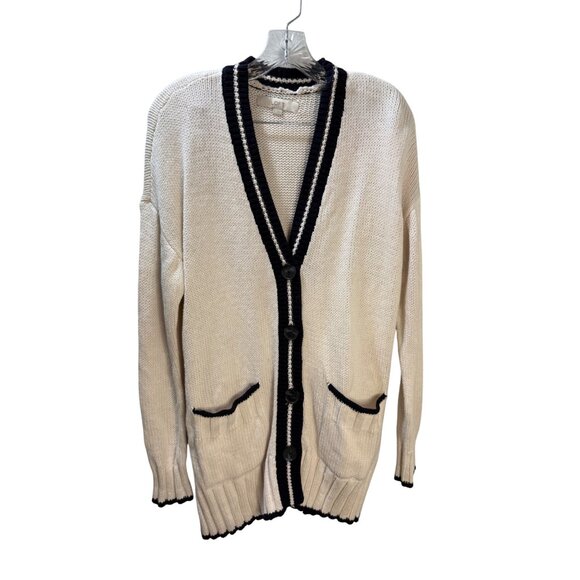 Ivory & Navy Open Front Cardigan Sweater With Button Closure & Pockets By Loft S - Picture 1 of 10